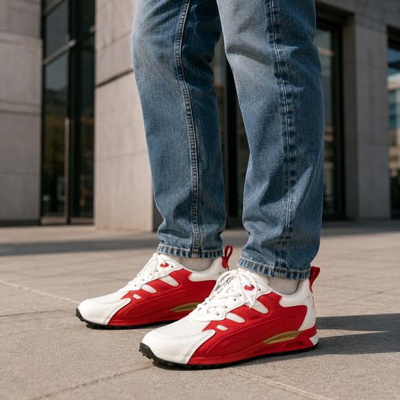 DENIMASR Other - DENIMASR Mens Low Top Athletic Sneakers Red White Colorblock Mesh Gold Accent